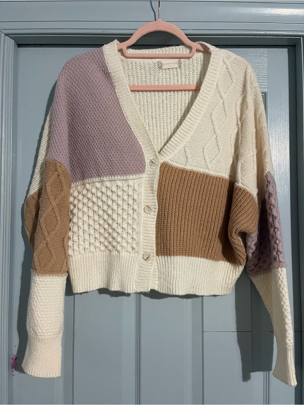 Altar'd State Cream Patchwork Cable Knit Cardigan with Tan & Mauve Panels